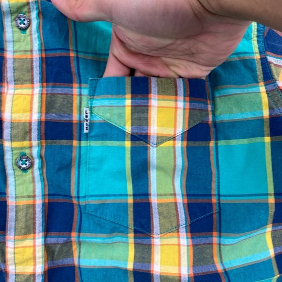 Levi's Shirt Boys Extra Large XL 13-15 Years Green Yellow Blue Plaid Button Up - Picture 4 of 10